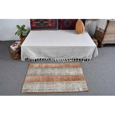 Handmade Vintage Turkish Mat in Earth Tones with Striped Pattern for Rustic Home Decor Brown/Beige