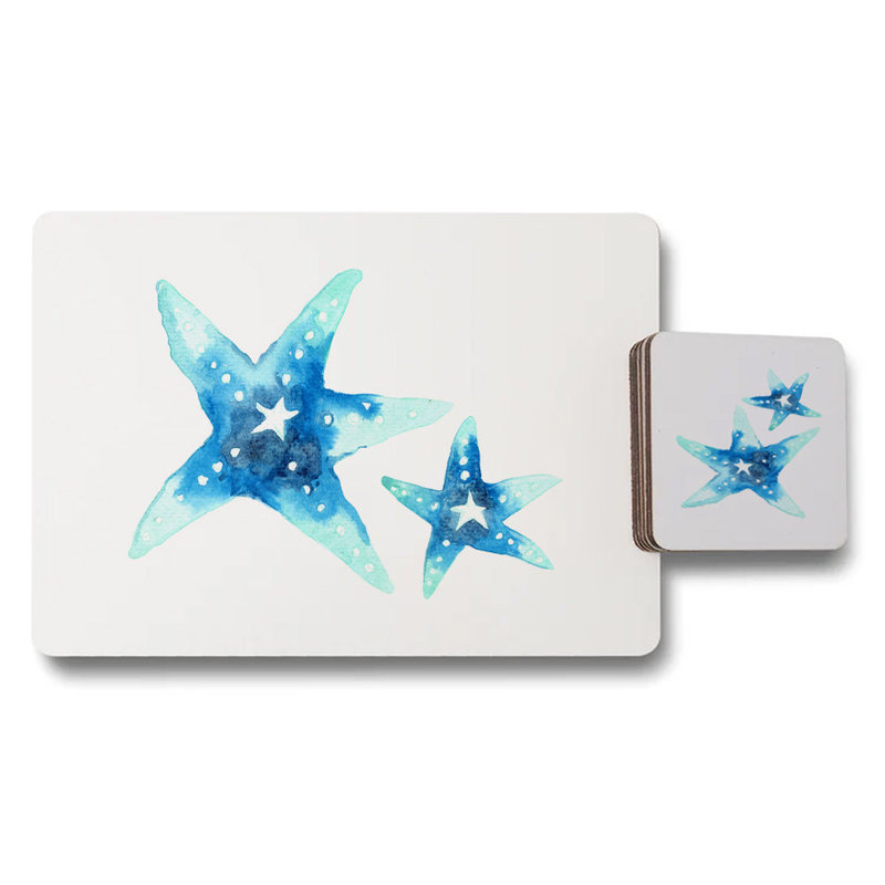 Placemat And Coaster Set Starfish Artwork Designer Collection Wood Bottom Exclusive