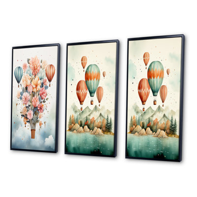 «Flying Over The Ocean In Hot Air Ballon», 3 pièces sur toile