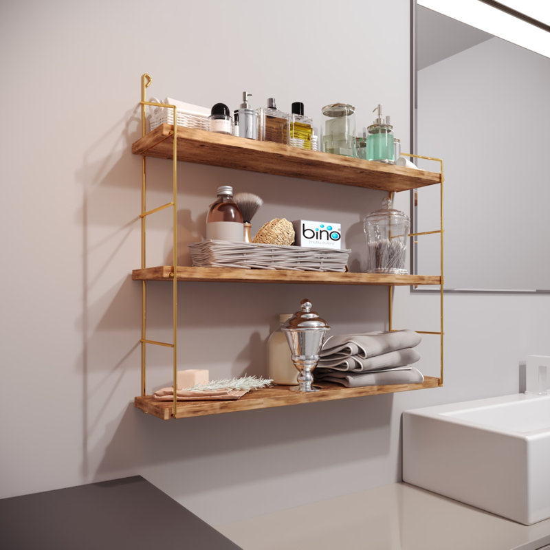 Modern Wall Shelf, 100% Solid Wood, 23.6 x 6.3 x 24.4 inches | Metal Brackets, Total Bearing Capacity: 26.5 lbs | Elegant Gold & Brown Finish, Unique Color Variations | Perfect for Home Decor, Living Room, or Office Organization