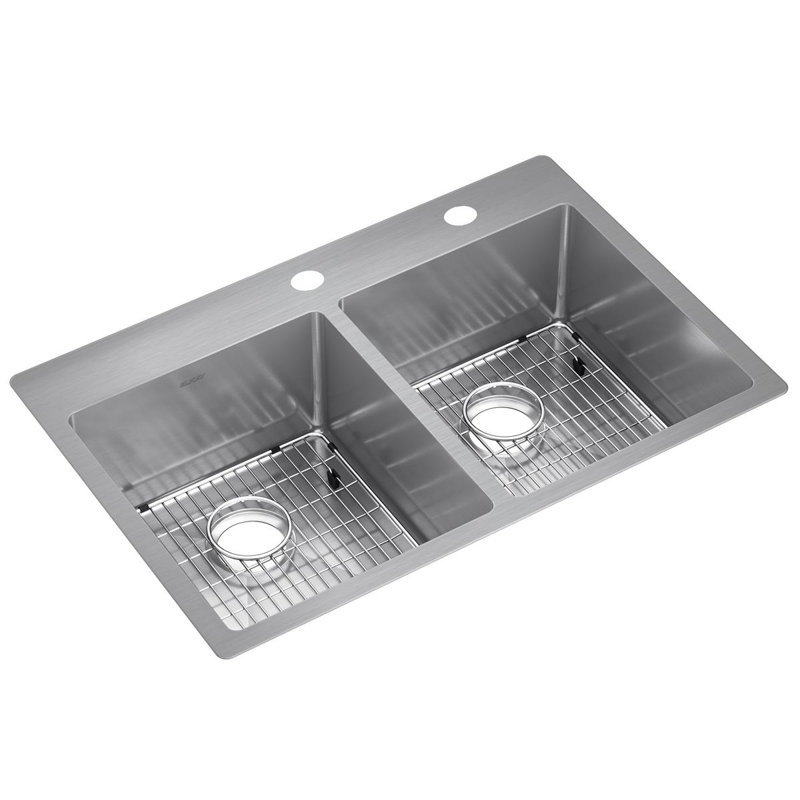Elkay Crosstown Stainless Steel 33" X 22" X 9", Equal Double Bowl Dual Mount Sink Kit