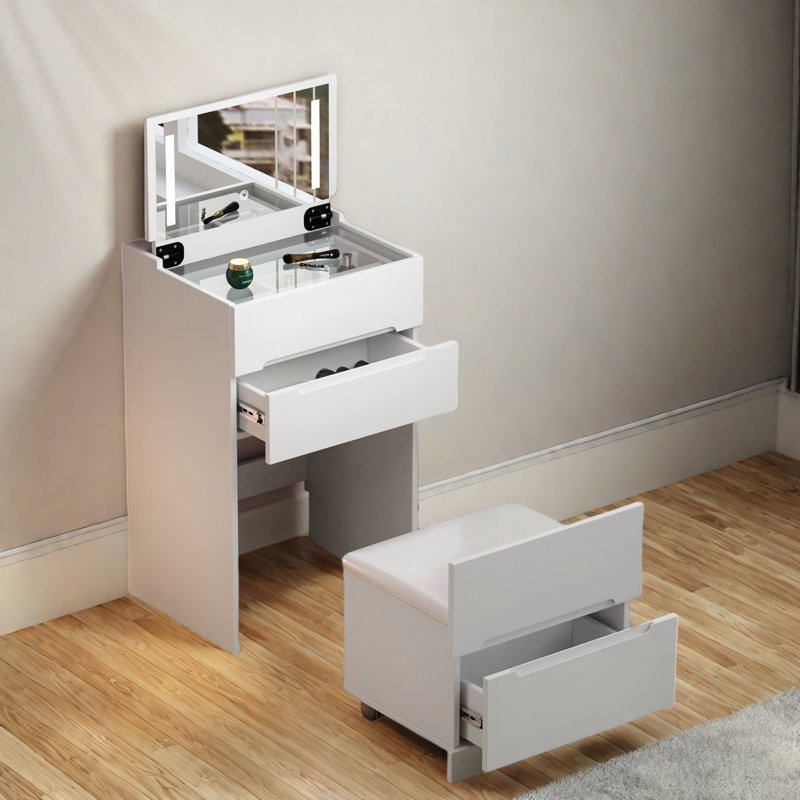 3 In 1 Vanity Desk With Open Top Mirror, Visible Glass Desktop And Storage Compartments, 3 Drawers, A Cushion Stool
