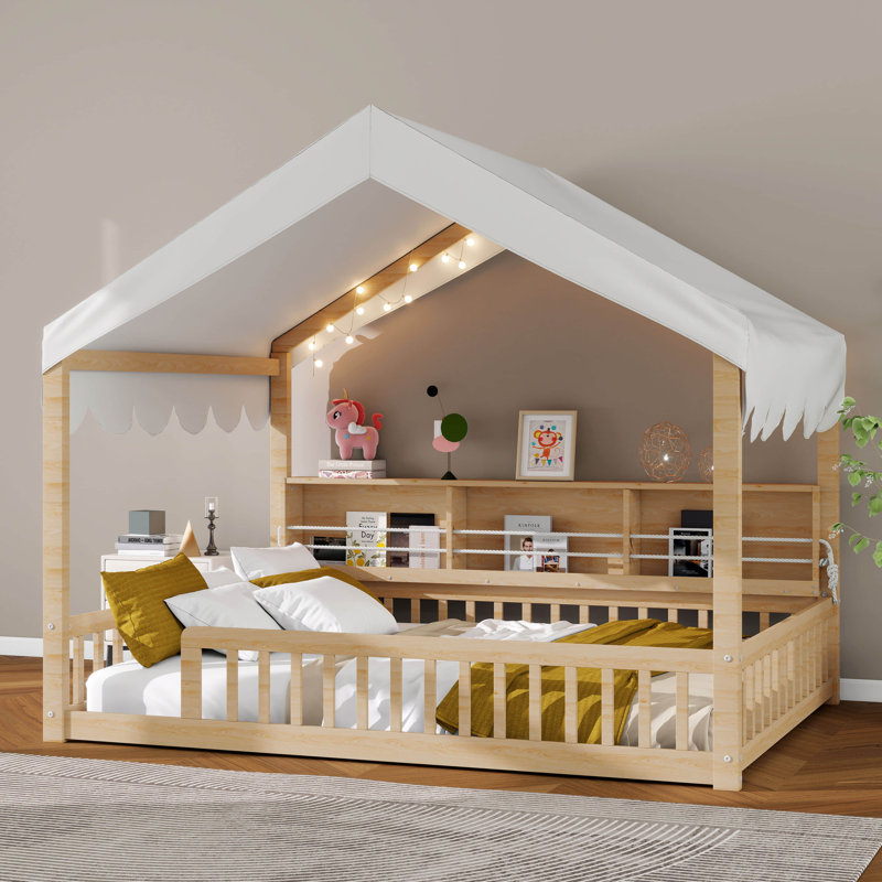 Lit double pleine grandeur avec 3 bibliothèques de rangement, lit de jour en forme de maison avec éclairage, rideau et lumière DEL