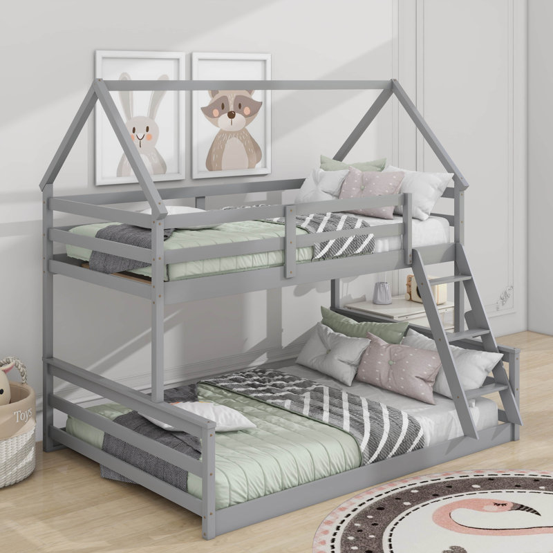 Twin Over Full House Bunk Bed With Built-In Ladder, Gray