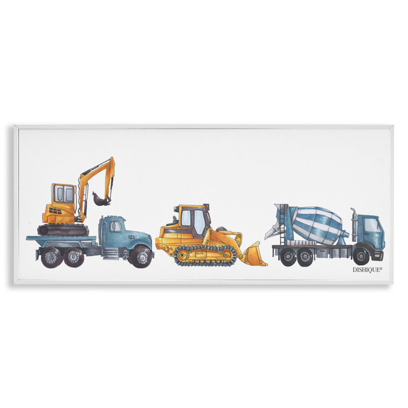 Construction Vehicles Driving Illustration White Framed Giclee Art by Dishique, 13" H x 30" W x 1.5" D