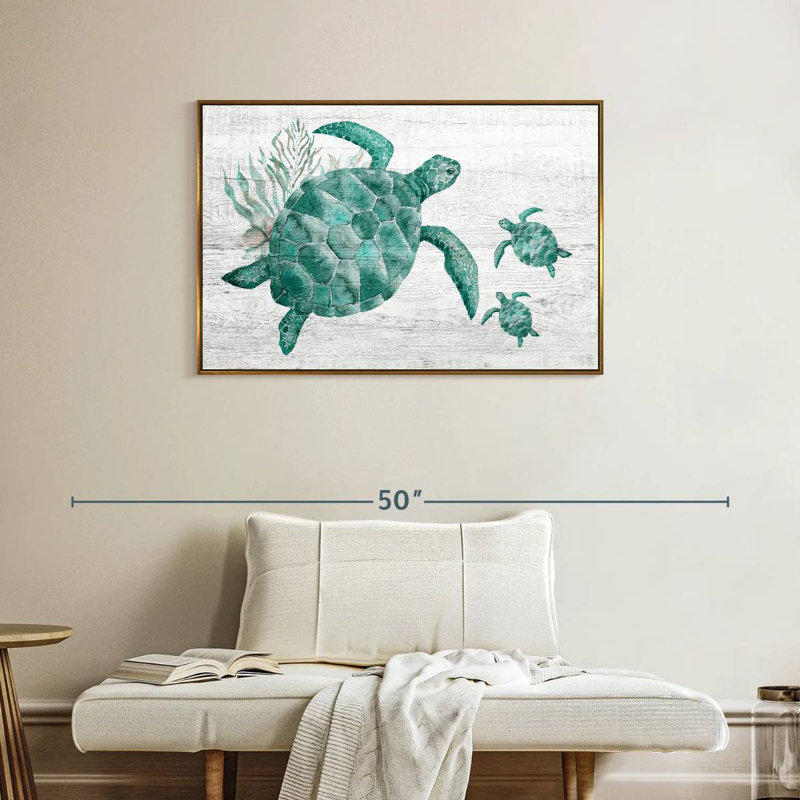 Famille de tortues en bois, Cadre flottant doré, 37 po x 25 po