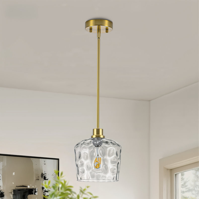 1-light 7.67" Wide Kitchen Island Light with Hammered Glass For Kitchen Island, Brass