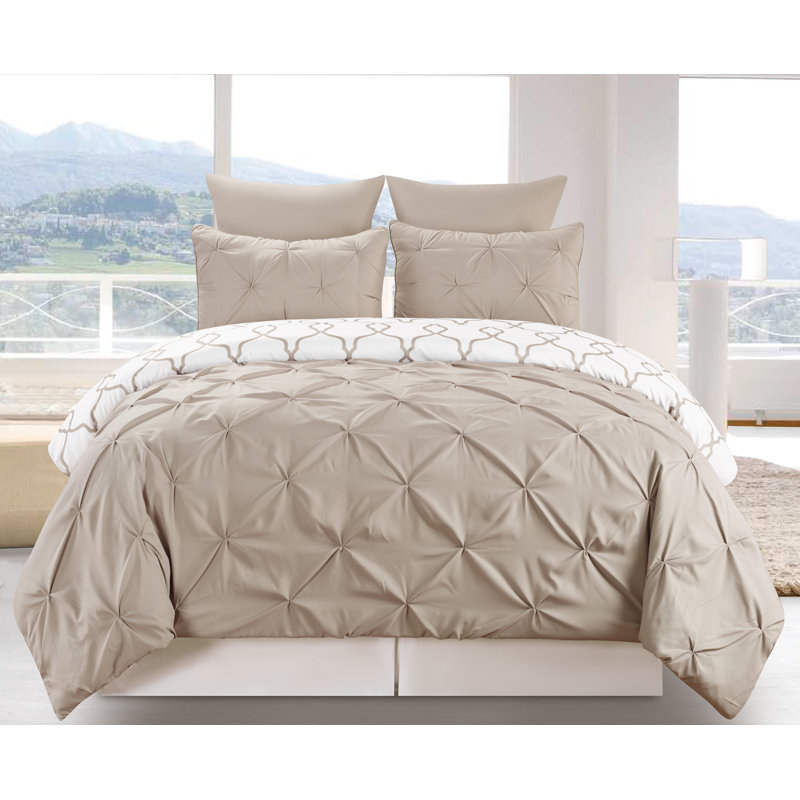 Elegant Reversible 3 Piece Pintuck Duvet Cover Set, Queen Duvet Cover + 2 Shams, Taupe