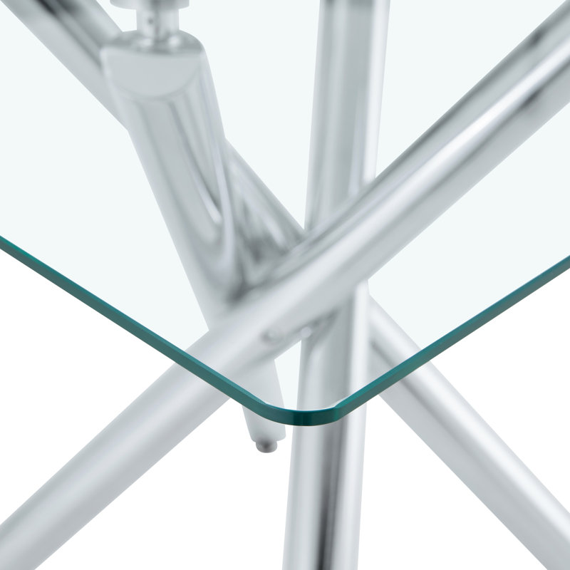 Modern Electroplated Metal Leg Bar Table With Tempered Glass Top, Sturdy Cross-Leg Pub Table For Home Bar, Kitchen Island, Living Room