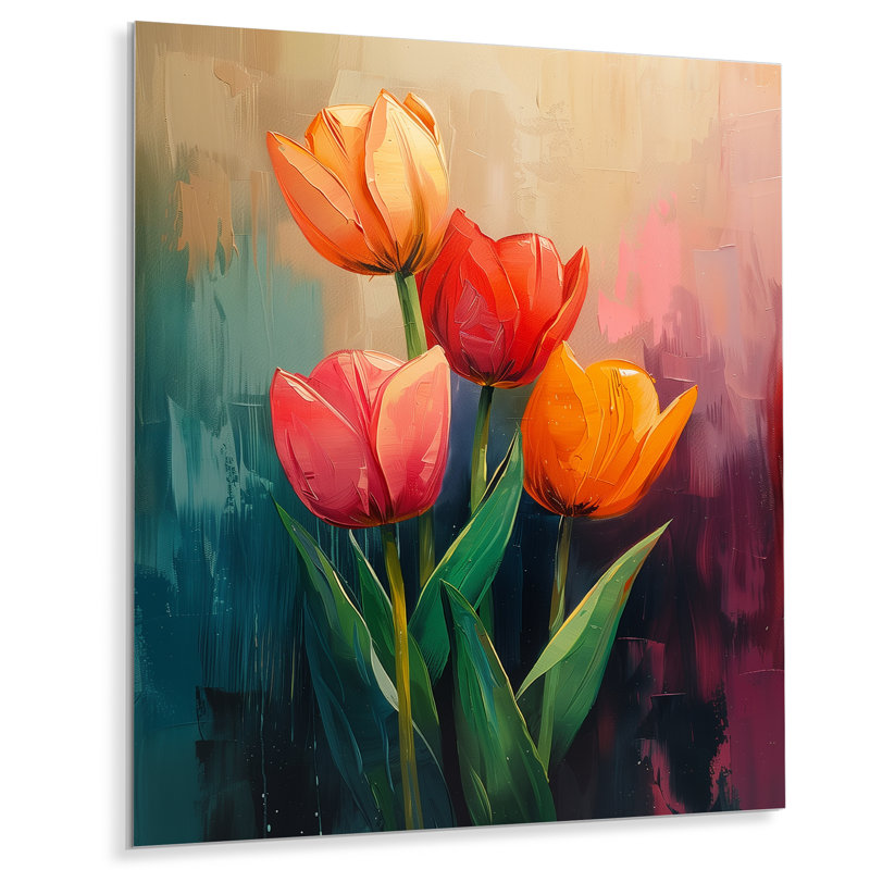 «Orange Orange Vibrant Bloom Tulips II», impression d'art mural, Sans cadre, métal, H 34 po x l 44 po