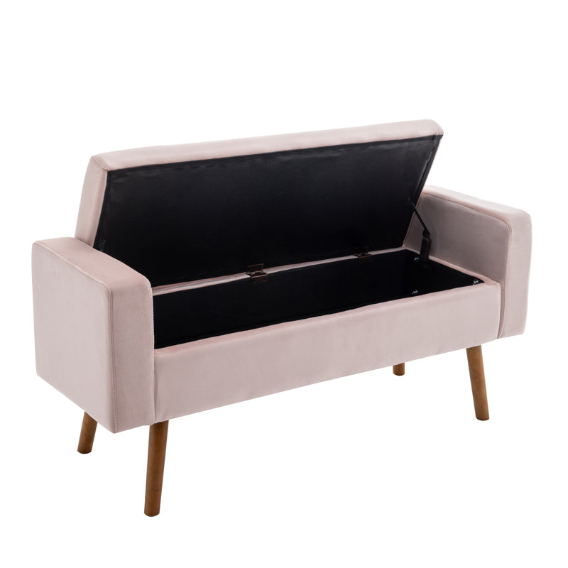 Vendrina Velvet Storage Bench with Rubberwood Legs, Pink