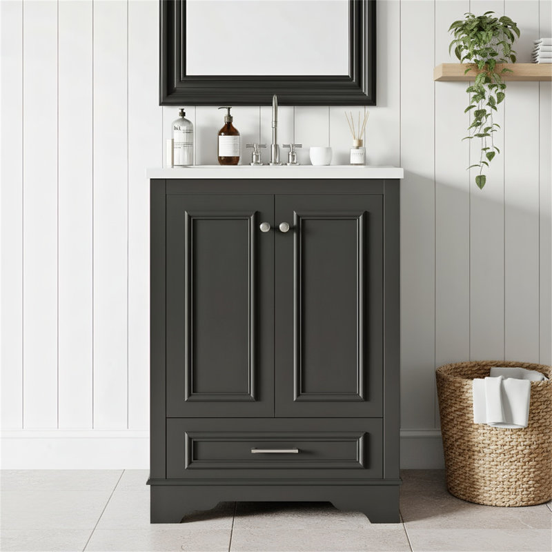 Meuble-lavabo élégant et moderne - ensemble de lavabo en céramique, portes à fermeture douce, poignées argentées, Noir