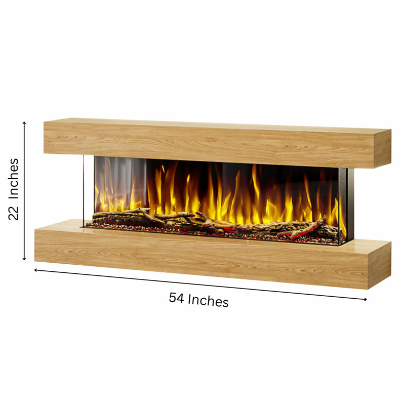 Studio 4 | Oak or Walnut | 54-inch Wall Mounted Electric Fireplace | Fully Assembled | 3-sided Panoramic Flame | Remote Control | Led Side Lights