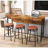 3-Drawer 72-Inch Long Dining Table Set with Built-in Power Outlets Bar Height Kitchen Table & 4 Circular PU Stools Easy Assembly Sturdy Wood Frame for Dining Room & Kitchen