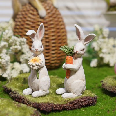Easter-Decorations Bunny-Decor Spring-Figurines Table-Centerpiece - 2PC Spring Decorations Resin Rabbits With Carrot And Flower Tabletop Ornaments For Home Farmhouse 4.5H Inch