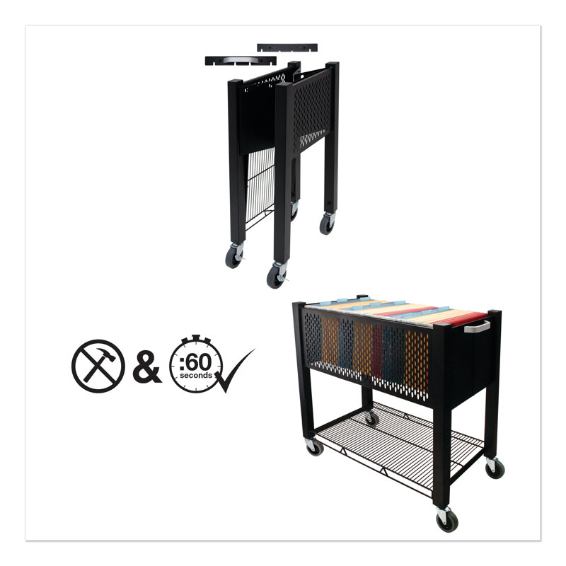 Black Steel Mobile File Cart with Push Handle and Locking Wheels