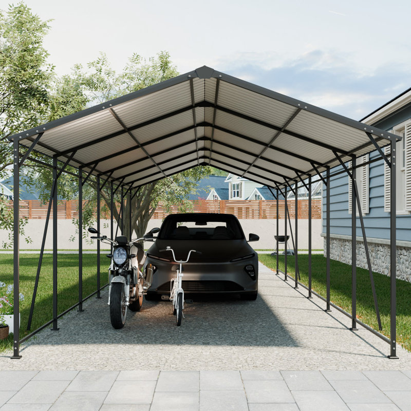 Abri de voiture robuste en métal 12 x 32 avec toit et cadre en acier galvanisé, grand garage extérieur avec 4 supports de tubes carrés inclinés fixes pour voitures, camions,