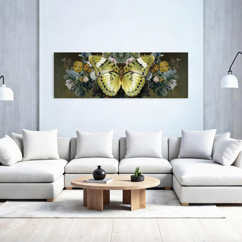 Yellow Butterfly Floral Symmetry by Marja Van Den - Wrapped Canvas Panoramic Print, 152.4 cm H x 50.8 cm W