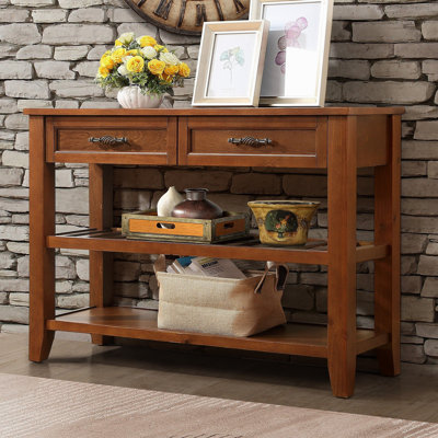 Console avec 2 tiroirs de rangement et 2 tablettes à niveaux, buffet style Mid-Century en bois massif de 42 po