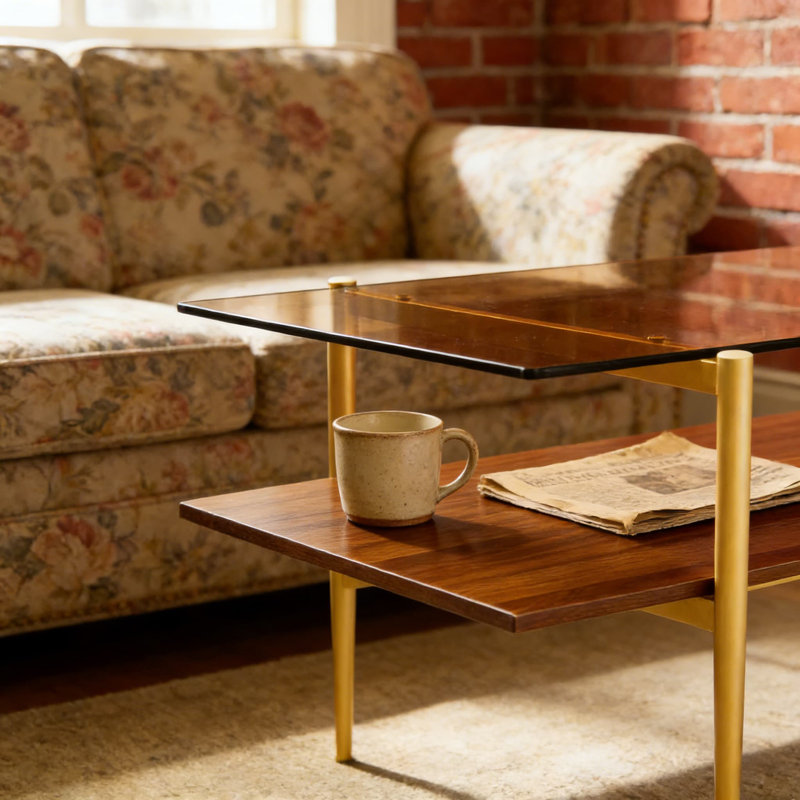 Table basse Mid-Century moderne avec pieds à finition dorée, plateau en verre ambré et tablette en noyer, conception à deux niveaux pour le salon