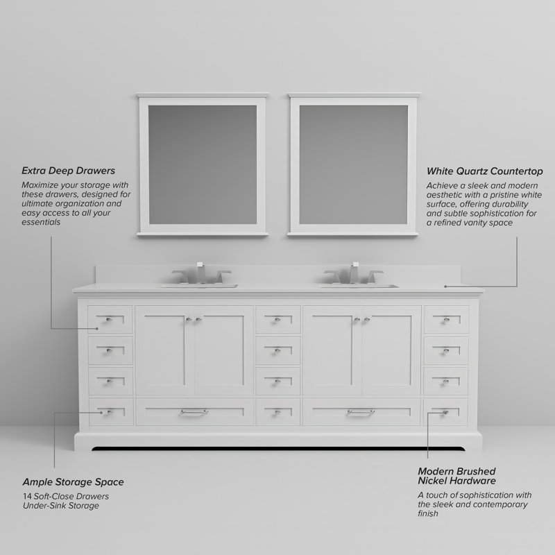 Dukes 84 in. W x 22 in. D Double Bath Vanity Faucet Set and Mirrors, White Quartz, White