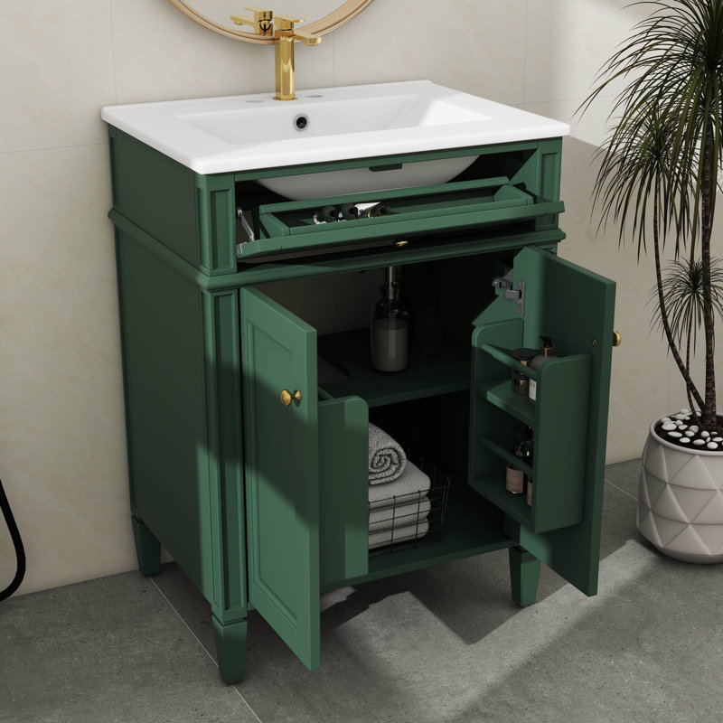Meuble-lavabo 24 po avec lavabo, unité de rangement moderne avec 2 portes à fermeture en douceur et tiroir escamotable, Vert
