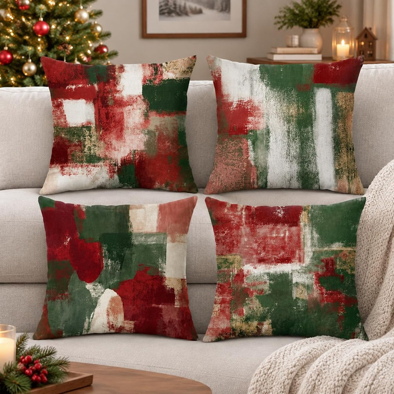 Housses de coussin décoratives de Noël abstraites, housses de coussin rouges et vertes pour les fêtes, décoration festive pour la maison