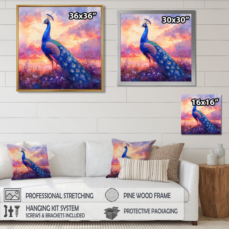 Paon à l'aube mauve II - Décoration murale animaux, Impression encadrée flottante, Argent argent, H 30 po x l 30 po