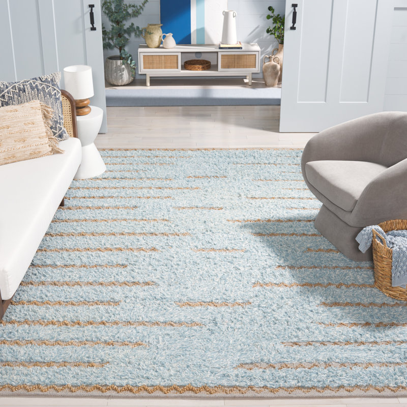 Amauria Hand Woven Wool/Jute/Cotton Abstract Rug in Blue/Natural, Rectangle 8' x 10'