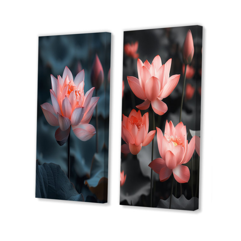 Ensemble de 2 pièces d'art mural en verre rose et sérénité Lotus I, H 28 po x l 24 po, Toile tendue encadrée