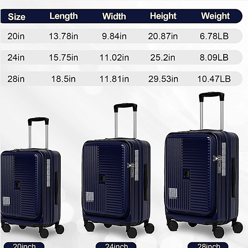Luggage,with front opening,TSA approved lock,hardshell suitcase, 29.52" H x 18.5" W x 11.81 " D, Aqua Blue