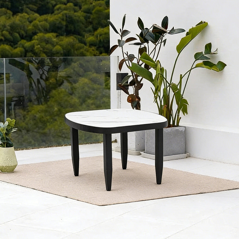Modern Outdoor Elegance Arc Side Table With Greek White Marble-Inspired Sintered Stone Top, Aluminum Frame, Post Tapered Legs & Rounded Corners, Weatherproof & Rust-Free