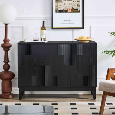 Mid Century Modern Buffet Cabinet with Storage, Farmhouse Sideboard with Vertical-stripe Patchwork Design & Adjustable Shelves, TV Stand for Living Room Kitchen Dining Room Entryway, Black