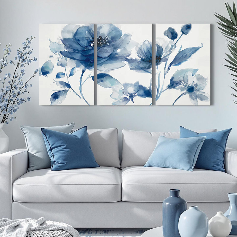 Ensemble de 3 tableaux muraux sur toile, style aquarelle bleue, à motifs floraux, pour salon, chambre et décoration intérieure.