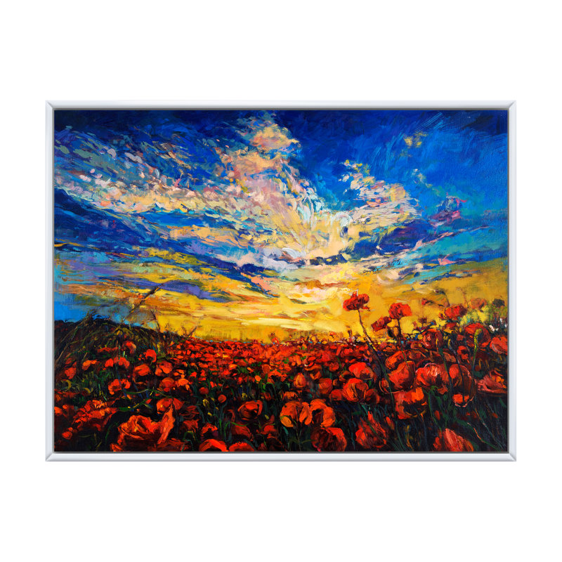 Red Poppy Fields Ii - reproduction d'art sur toile, H 12 po x l 20 po x P 1 po, Cadre flottant blanc
