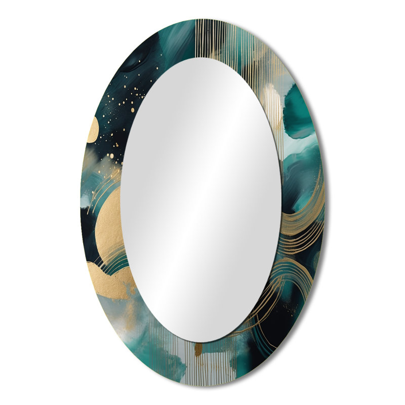Vivid Emeral And Gold Contours Circles III - Grand miroir mural ovale sur métal, 36 po x 24 po