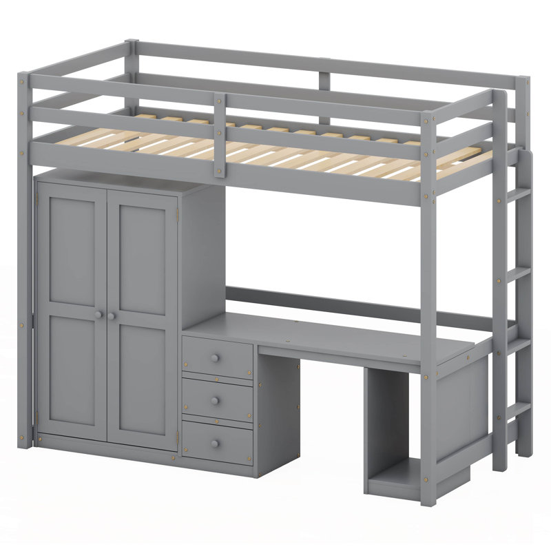 Jhoshua Loft Bed with Wardrobe, Desk and Storage Drawers, Twin, Grey