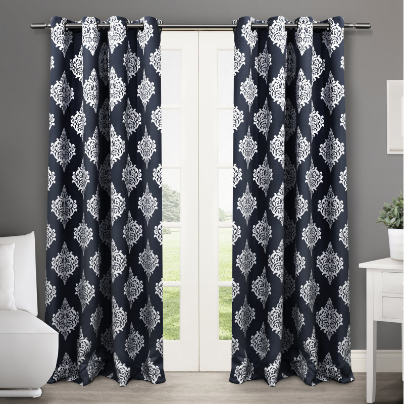 Panneaux de rideaux obscurcissants thermiques à motif damassé avec œillets Emma-Anne, Bleu vareuse, l 52 po x L 84 po