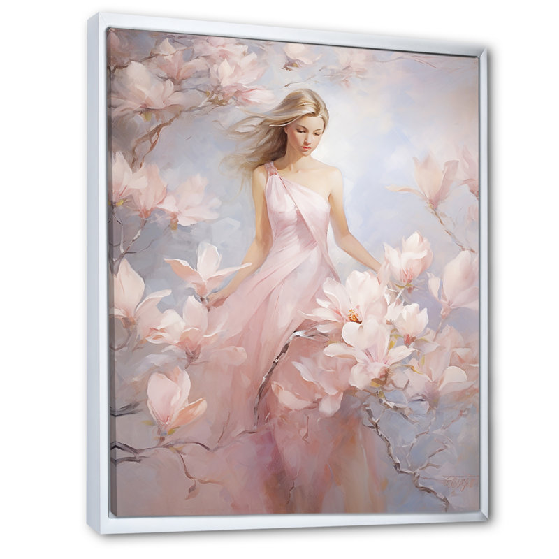 «White Pink Magnolias», impression romantique sur toile, H 44 po x l 34 po x P 1,5 po, Cadre flottant blanc