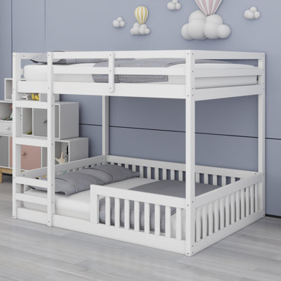 Full Over Full Bunk Bed, Wood Floor Bunk Beds With Ladder And Guardrails