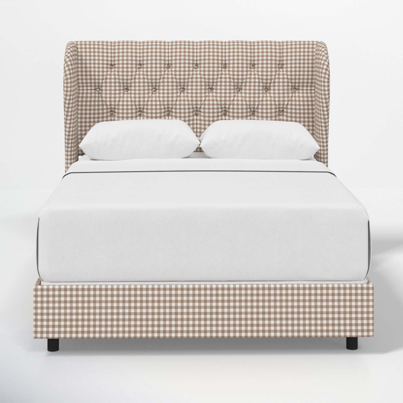 Tomey Upholstered Wingback Bed, King, Classic Gingham Tan
