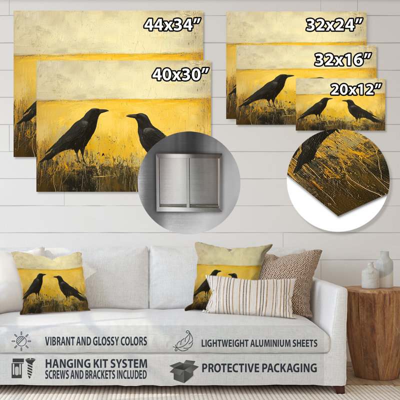 «2 Crows At The Field Edge II», art mural grand oiseau en métal, H 34 po x l 44 po