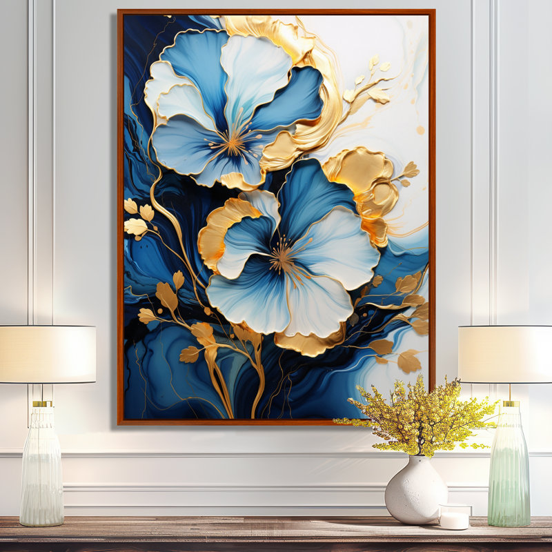 «White Blue Flower Gold Leaves - Abstract Modern Waves», art mural, H 32 po x l 16 po x P 1 po
