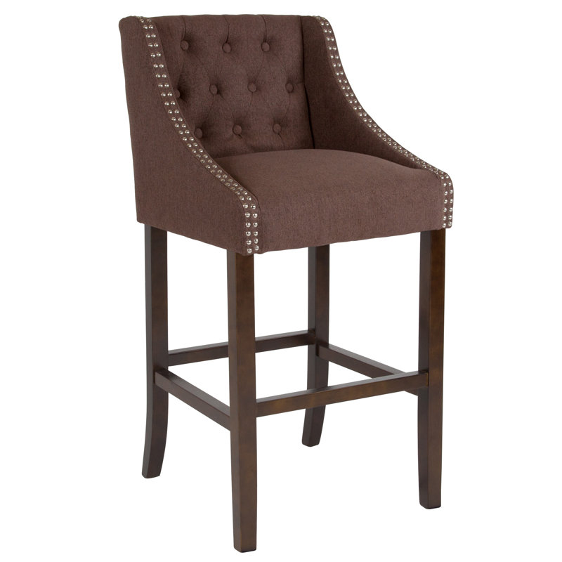 Tabouret de bar transitionnel en noyer capitonné avec garniture cloutée, Tabouret de bar (siège d'une hauteur de 30 po), Brun