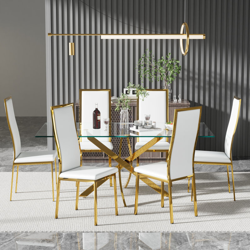 Rectangle Glass Pedestal Dining Set, White, 7, Gold