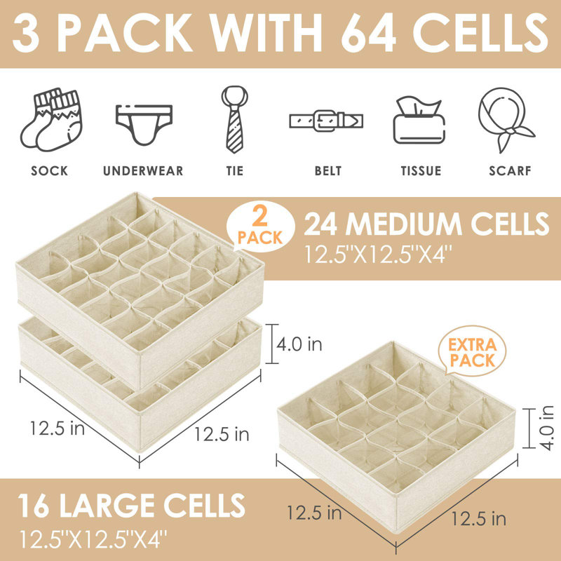 Paquet de 3 séparateurs de sous-vêtements pour sous-vêtements, 64 organisateurs de garde-robe pliables en tissu et boîtes de rangement pour l'organisation, 16 + 24 + 24 cellules