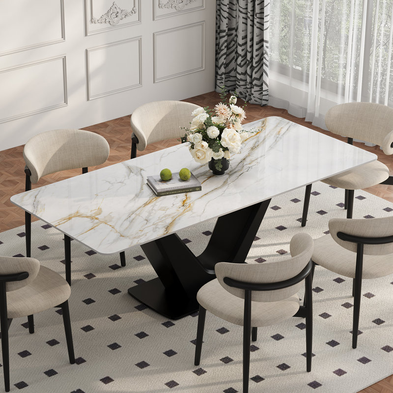 71'' Luxury Rectangular Dining Table - Faux Marble Top with Black V-Shaped Carbon Steel Base, Contemporary Kitchen Table for Dining Room