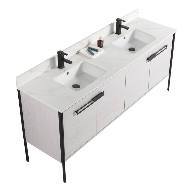Meuble-lavabo double 72 po, Noir mat, Chêne gris doux