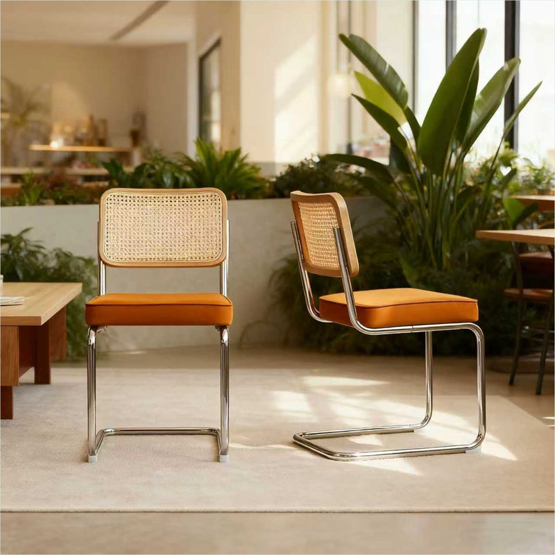 Ensemble de 2 chaises d'appoint en velours orange riche avec base en porte-à-faux chromée et dossier en rotin, chaises de salle à manger de style Mid-Century moderne