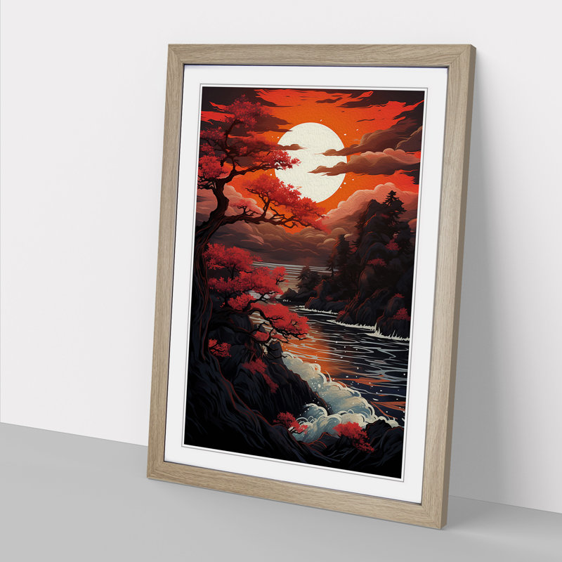 Japanese Sunset Symbolism - Framed Print, 64cm H x 46cm W x 2cm D, Oak